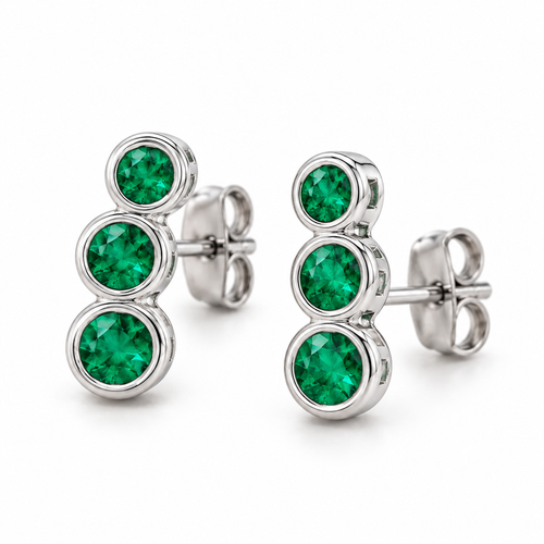 14K White Gold Lab-Grown Emerald Three-Stone Ear Climbers — 3 mm, 2.75 mm and 2.5 mm stones — enhanced studio view