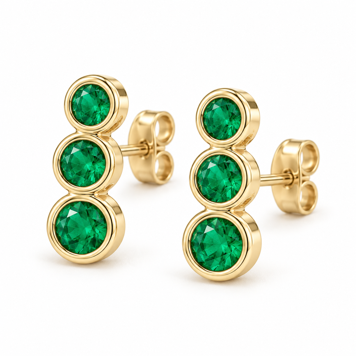 14K Yellow Gold Lab-Grown Emerald Three-Stone Ear Climbers — 3 mm, 2.75 mm and 2.5 mm stones — enhanced studio view