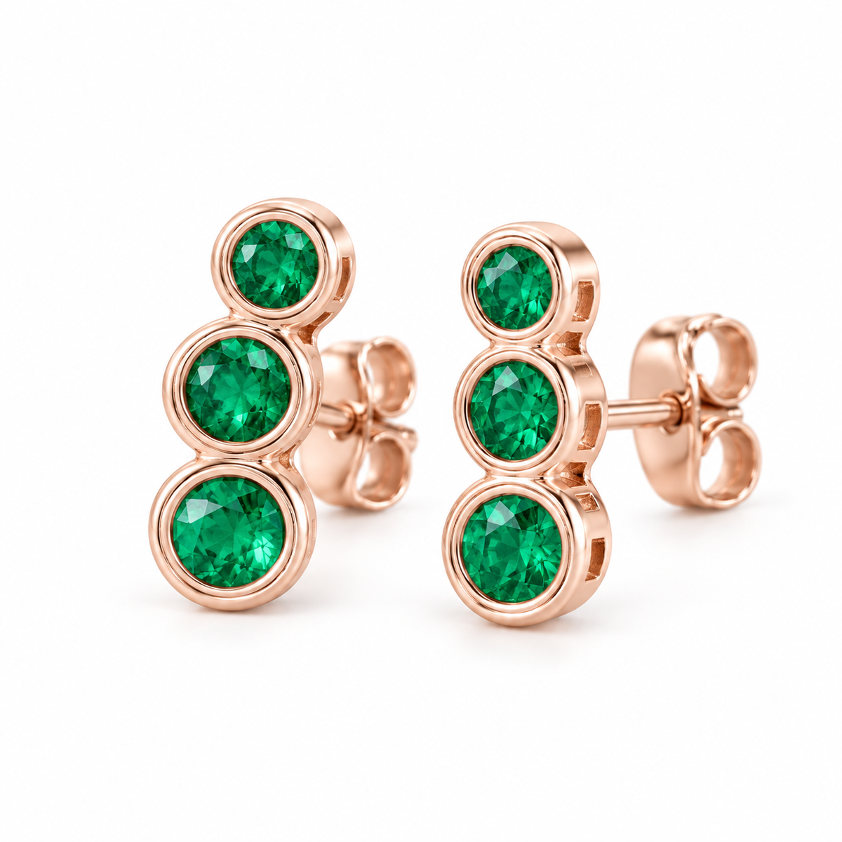 14K Rose Gold Lab-Grown Emerald Three-Stone Ear Climbers — 3 mm, 2.75 mm and 2.5 mm stones — enhanced studio view