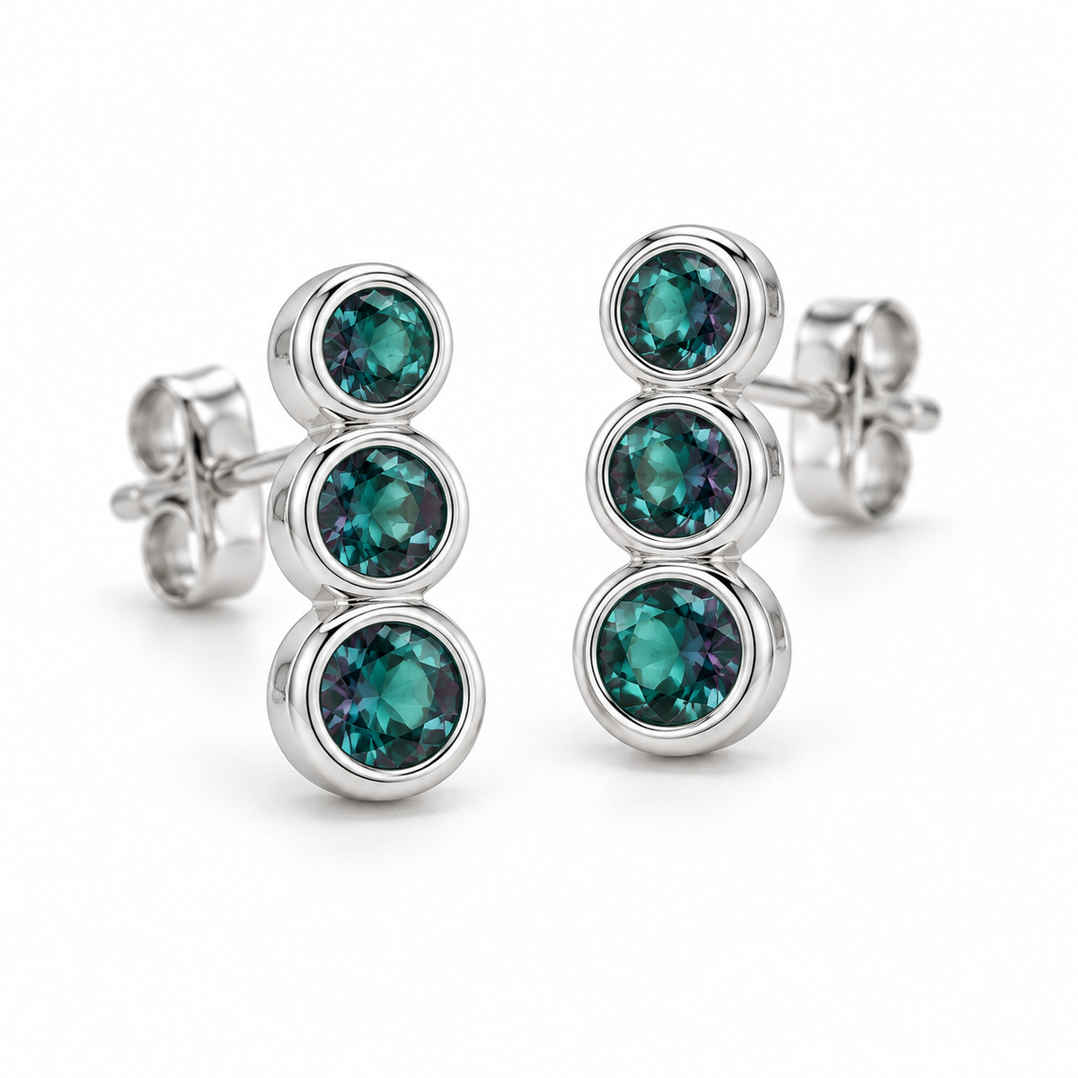 14K White Gold Lab-Grown Alexandrite Three-Stone Ear Climbers — 3 mm, 2.75 mm and 2.5 mm stones — enhanced studio view