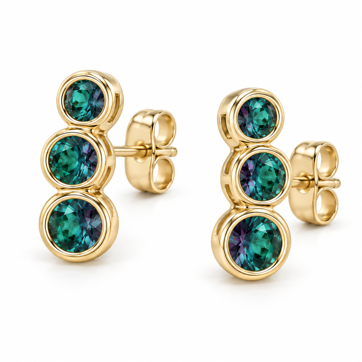14K Yellow Gold Lab-Grown Alexandrite Three-Stone Ear Climbers — 3 mm, 2.75 mm and 2.5 mm stones — enhanced studio view