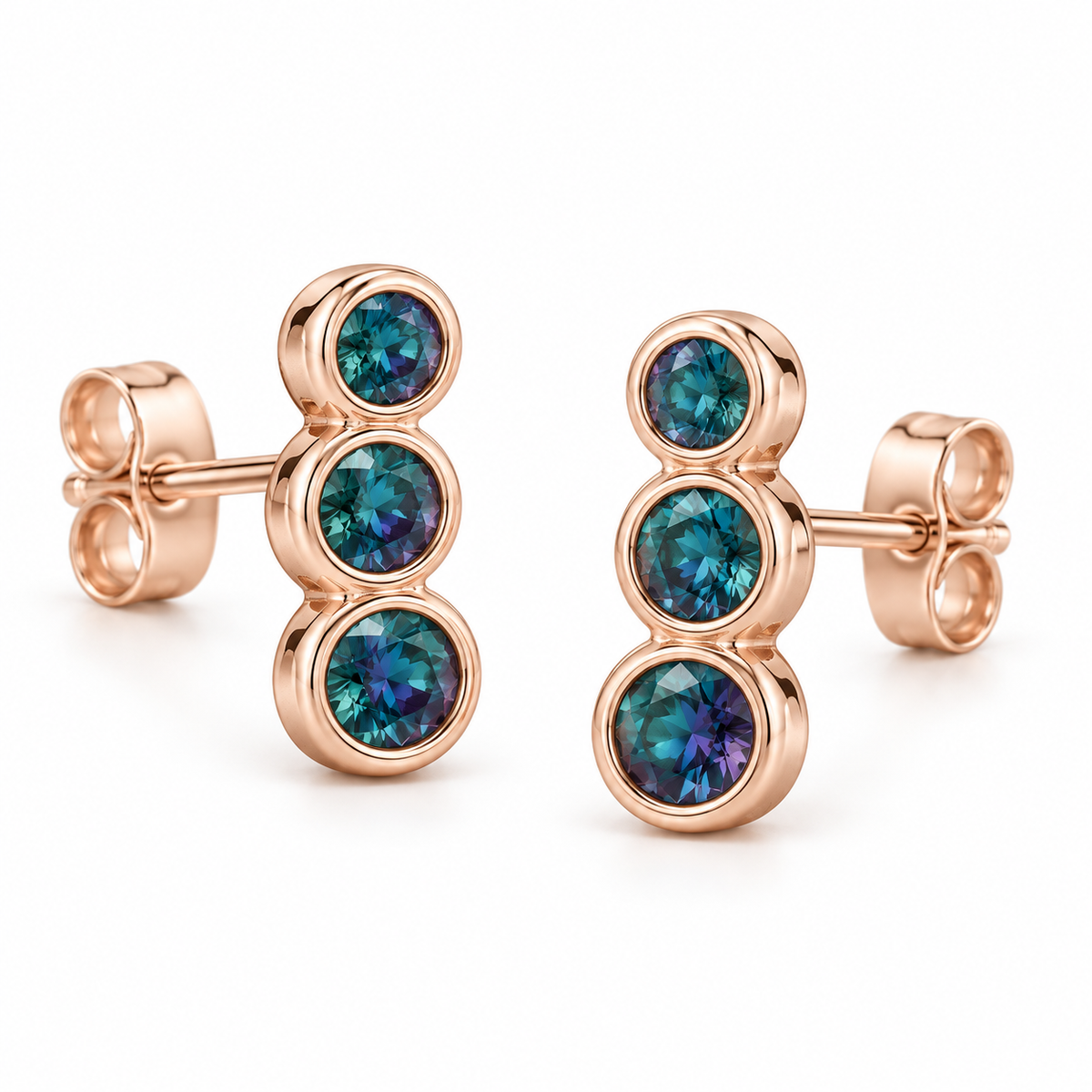 14K Rose Gold Lab-Grown Alexandrite Three-Stone Ear Climbers — 3 mm, 2.75 mm and 2.5 mm stones — enhanced studio view