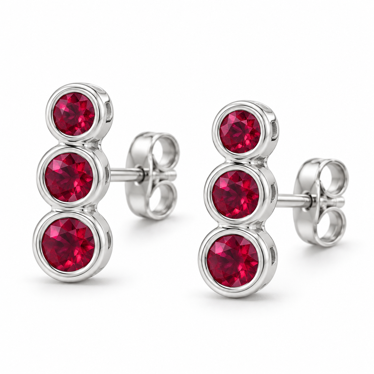 14K White Gold Lab-Grown Ruby Three-Stone Ear Climbers — 3 mm, 2.75 mm and 2.5 mm stones — enhanced studio view