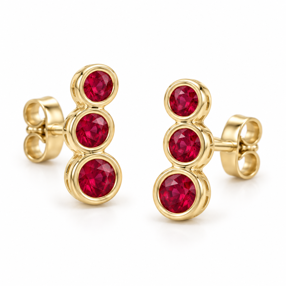 14K Yellow Gold Lab-Grown Ruby Three-Stone Ear Climbers — 3 mm, 2.75 mm and 2.5 mm stones — enhanced studio view