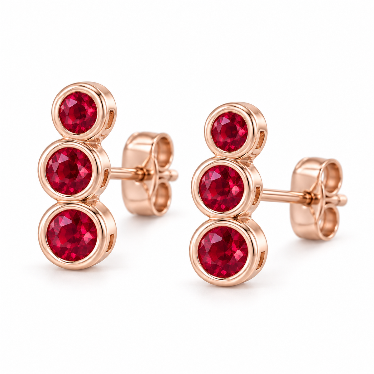 14K Rose Gold Lab-Grown Ruby Three-Stone Ear Climbers — 3 mm, 2.75 mm and 2.5 mm stones — enhanced studio view