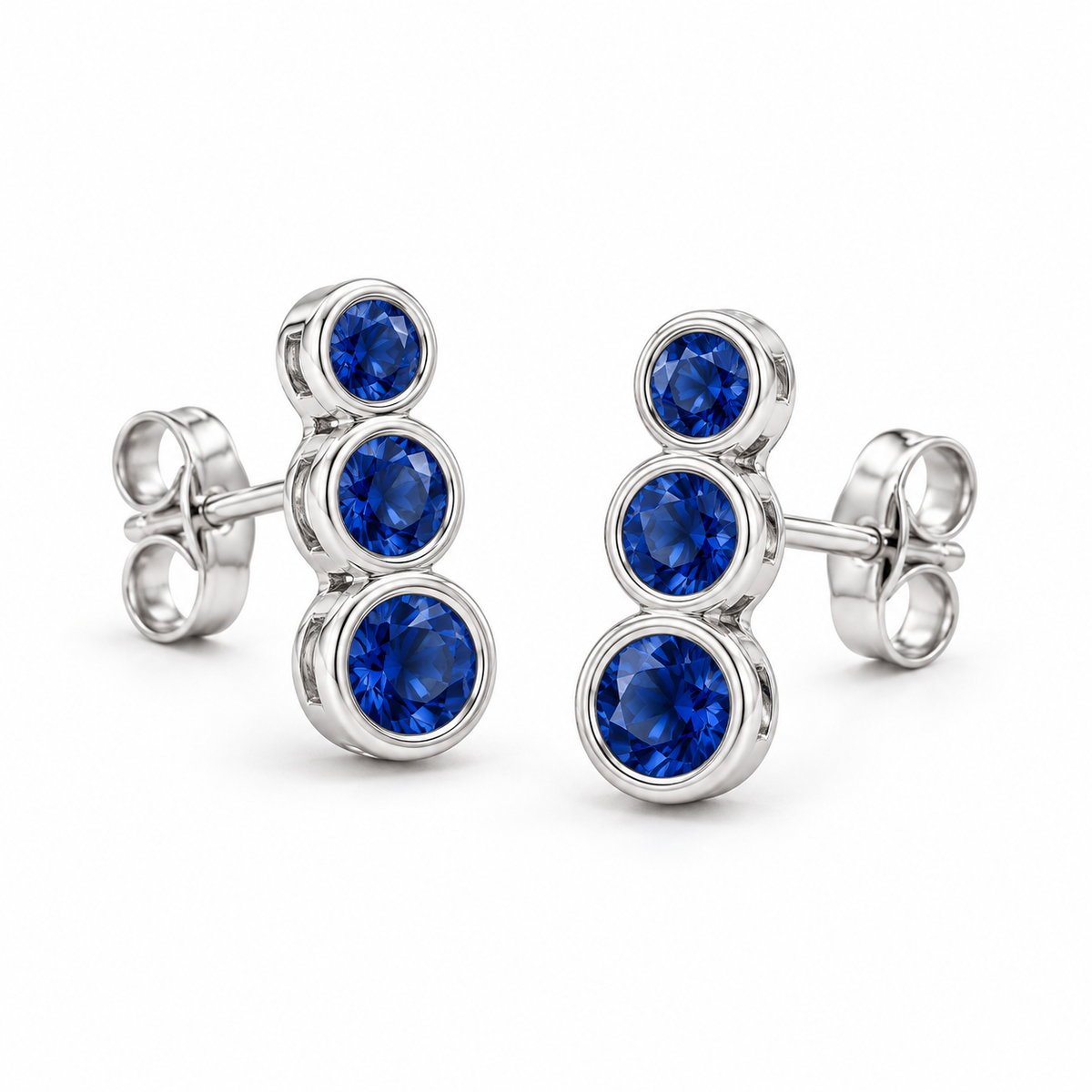 14K White Gold Lab-Grown Blue Sapphire Three-Stone Ear Climbers — 3 mm, 2.75 mm and 2.5 mm stones — enhanced studio view