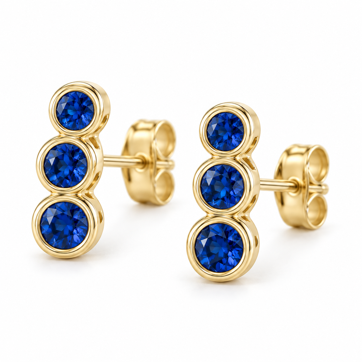 14K Yellow Gold Lab-Grown Blue Sapphire Three-Stone Ear Climbers — 3 mm, 2.75 mm and 2.5 mm stones — enhanced studio view