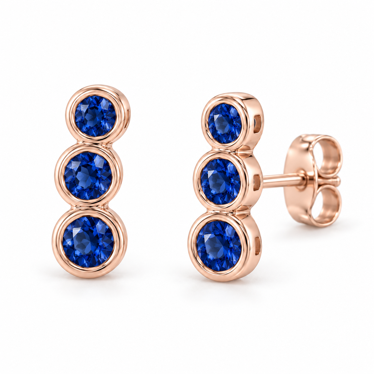 14K Rose Gold Lab-Grown Blue Sapphire Three-Stone Ear Climbers — 3 mm, 2.75 mm and 2.5 mm stones — enhanced studio view