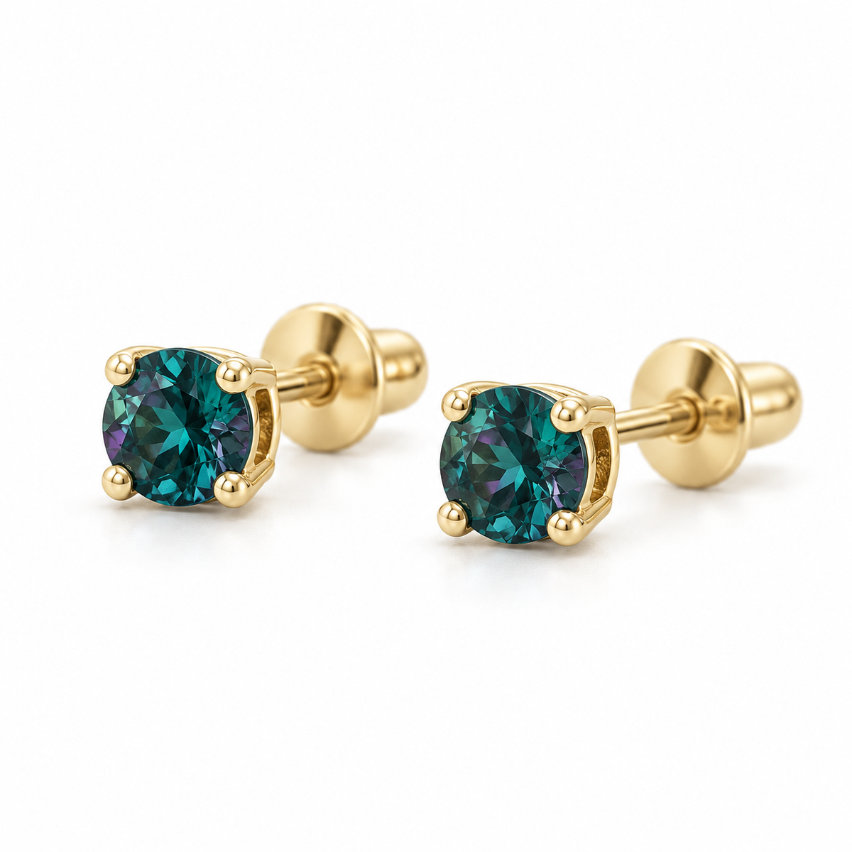 14K Yellow Gold Lab-Grown Alexandrite Stud Earrings — 3 mm stones — enhanced studio view