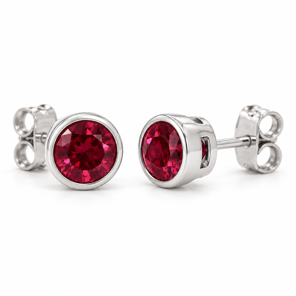 14K White Gold Lab-Grown Ruby Bezel Stud Earrings — 4 mm stones — enhanced studio view
