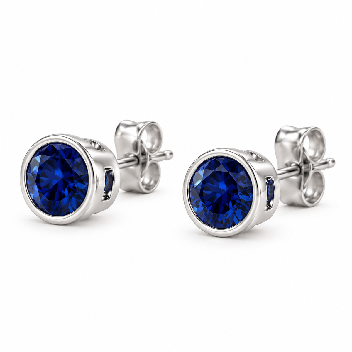 14K White Gold Lab-Grown Blue Sapphire Bezel Stud Earrings — 4 mm stones — enhanced studio view