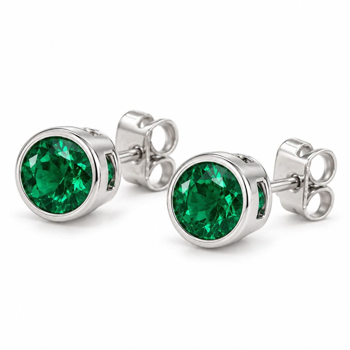 14K White Gold Lab-Grown Emerald Bezel Stud Earrings — 4 mm stones — enhanced studio view