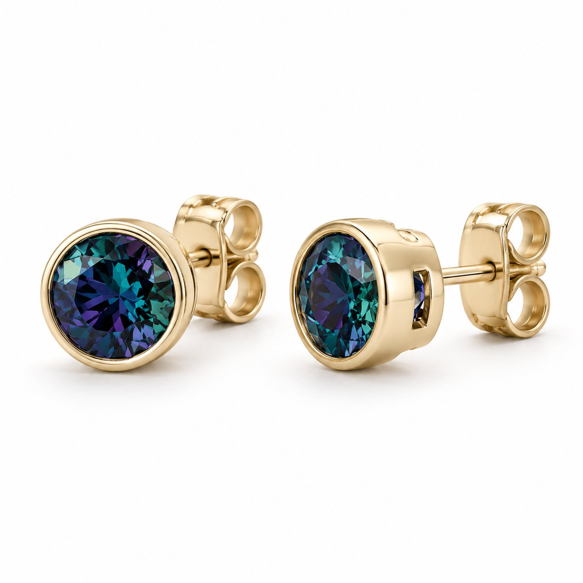 14K Yellow Gold Lab-Grown Alexandrite Bezel Stud Earrings — 4 mm stones — enhanced studio view