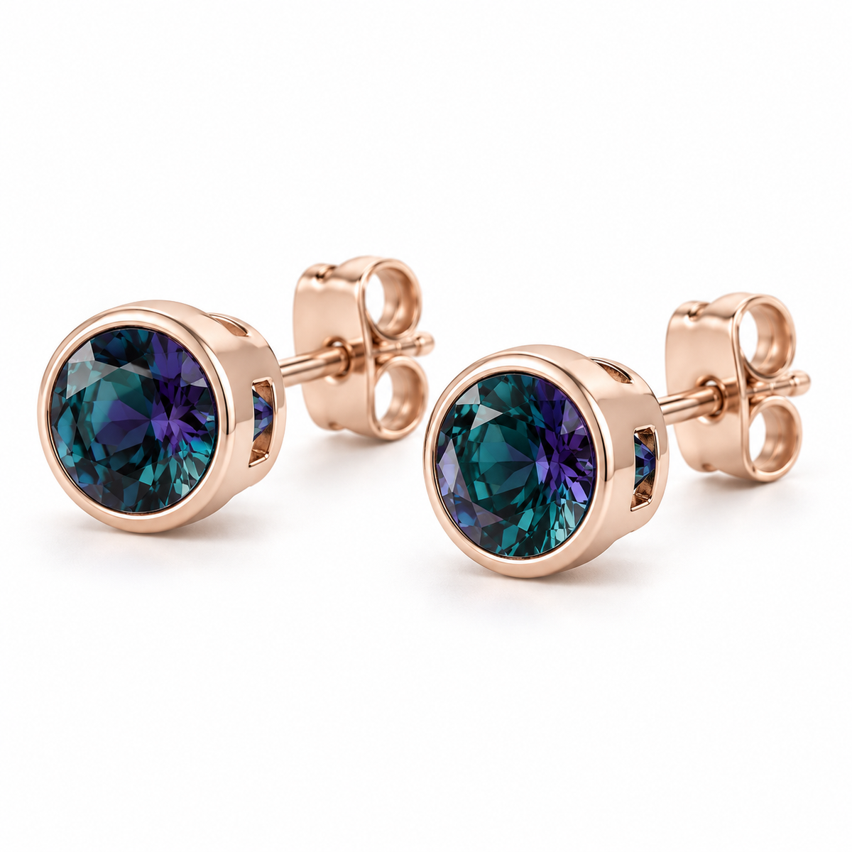 14K Rose Gold Lab-Grown Alexandrite Bezel Stud Earrings — 4 mm stones — enhanced studio view