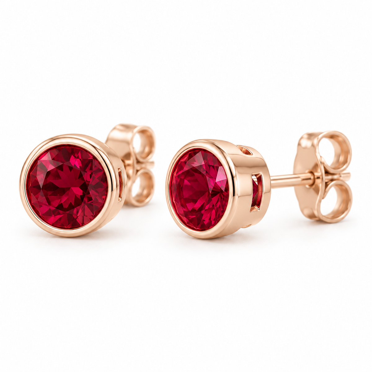 14K Rose Gold Lab-Grown Ruby Bezel Stud Earrings — 4 mm stones — enhanced studio view