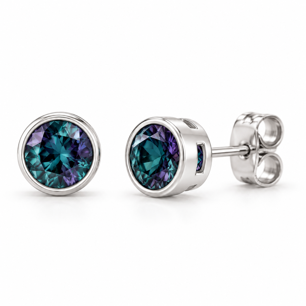 14K White Gold Lab-Grown Alexandrite Bezel Stud Earrings — 4 mm stones — enhanced studio view