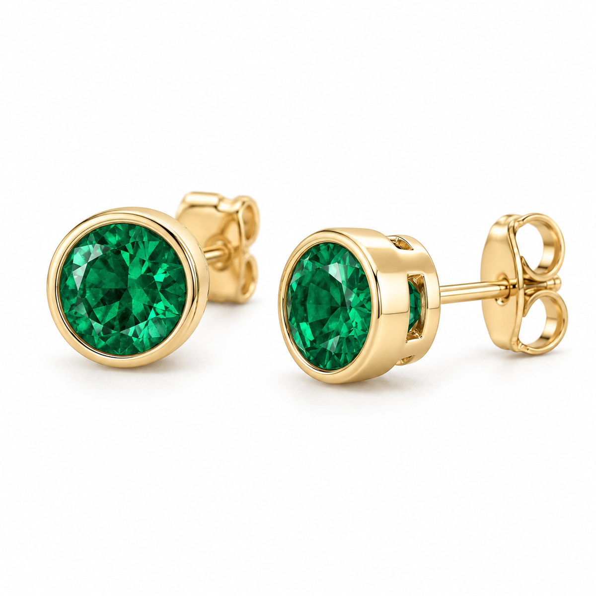 14K Yellow Gold Lab-Grown Emerald Bezel Stud Earrings — 4 mm stones — enhanced studio view