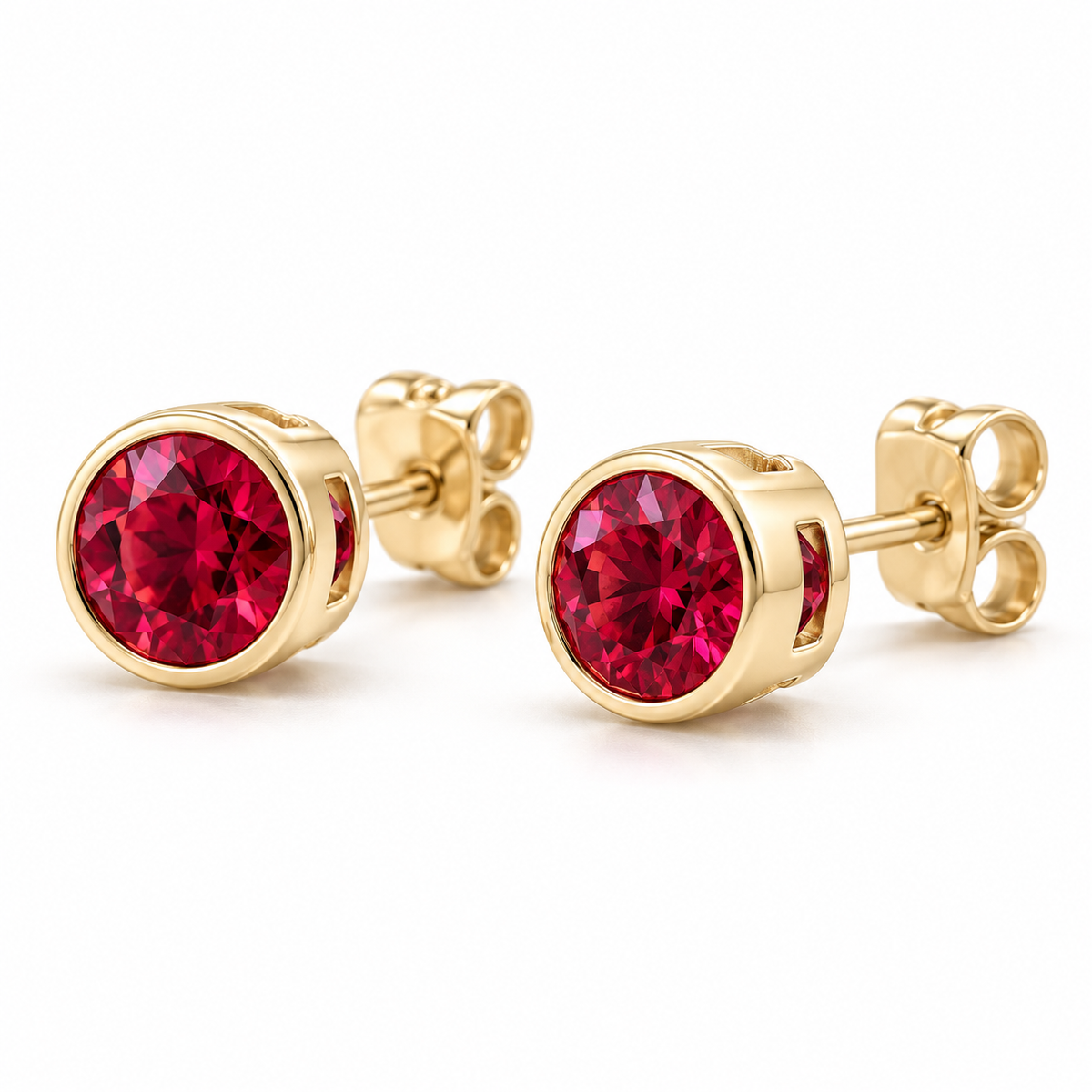14K Yellow Gold Lab-Grown Ruby Bezel Stud Earrings — 4 mm stones — enhanced studio view