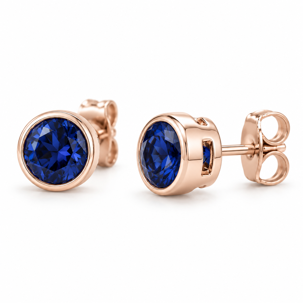 14K Rose Gold Lab-Grown Blue Sapphire Bezel Stud Earrings — 4 mm stones — enhanced studio view