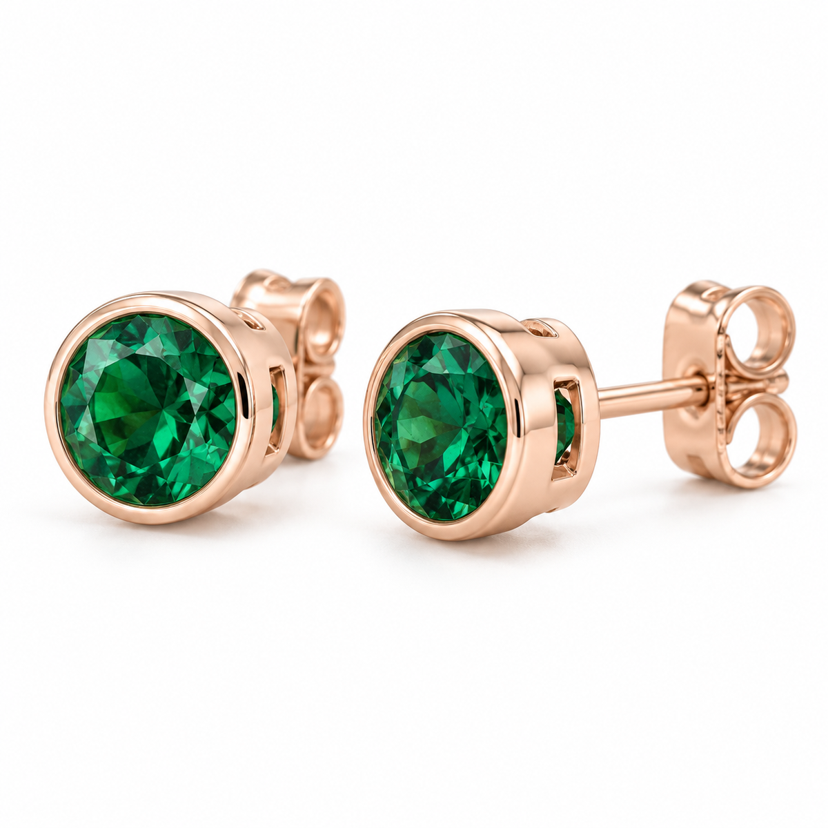 14K Rose Gold Lab-Grown Emerald Bezel Stud Earrings — 4 mm stones — enhanced studio view