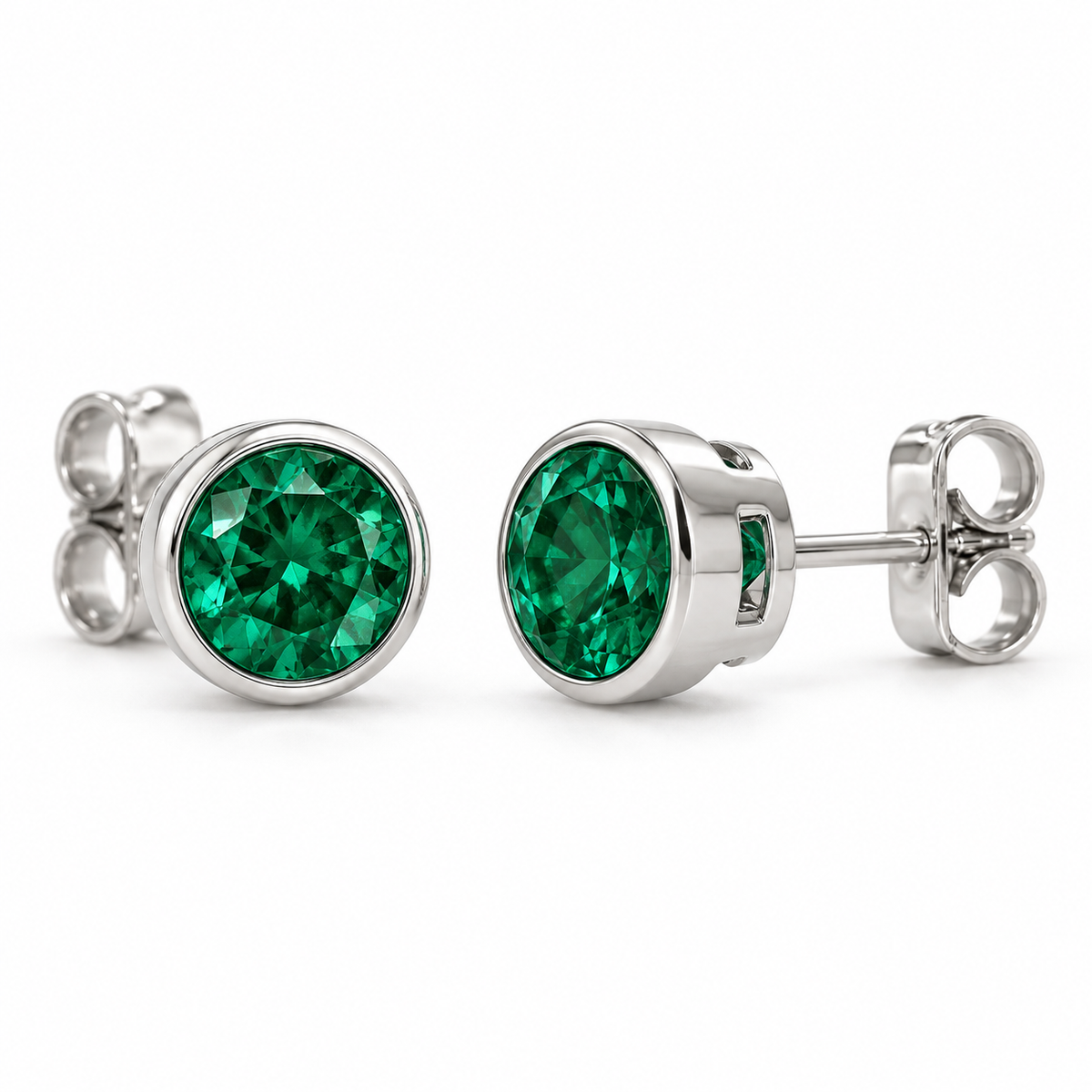 14K White Gold Lab-Grown Emerald Bezel Stud Earrings — 6 mm stones — enhanced studio view
