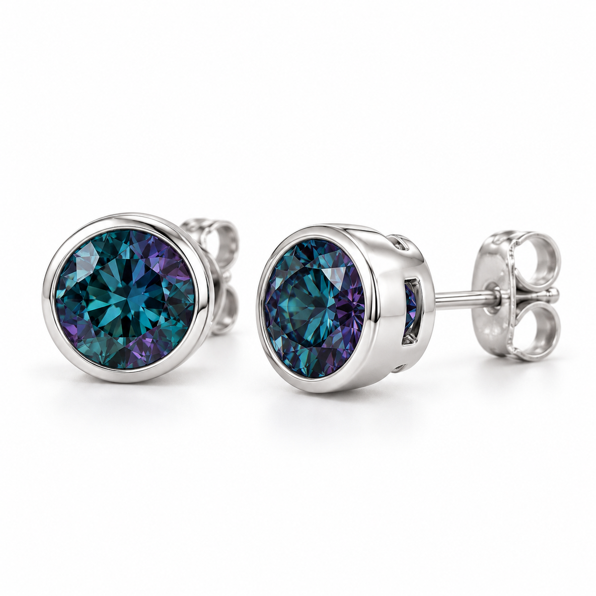 14K White Gold Lab-Grown Alexandrite Bezel Stud Earrings — 6 mm stones — enhanced studio view