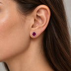 14K White Gold Lab-Grown Ruby Bezel Stud Earrings — 6 mm stones — on-ear illustration based on listed dimensions