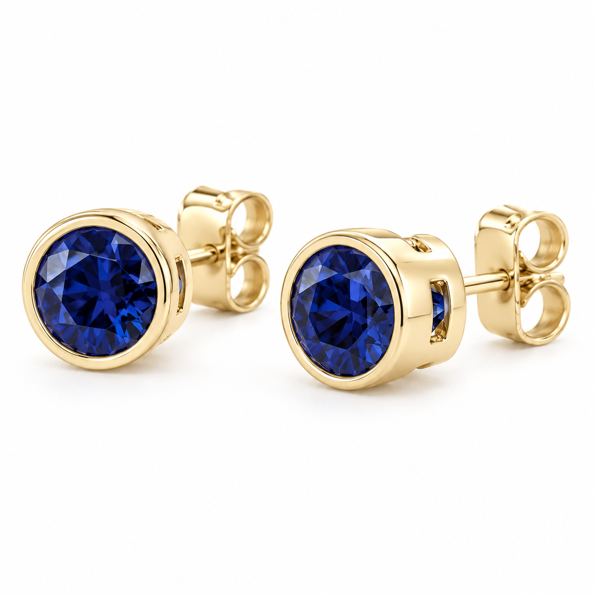 14K Yellow Gold Lab-Grown Blue Sapphire Bezel Stud Earrings — 6 mm stones — enhanced studio view
