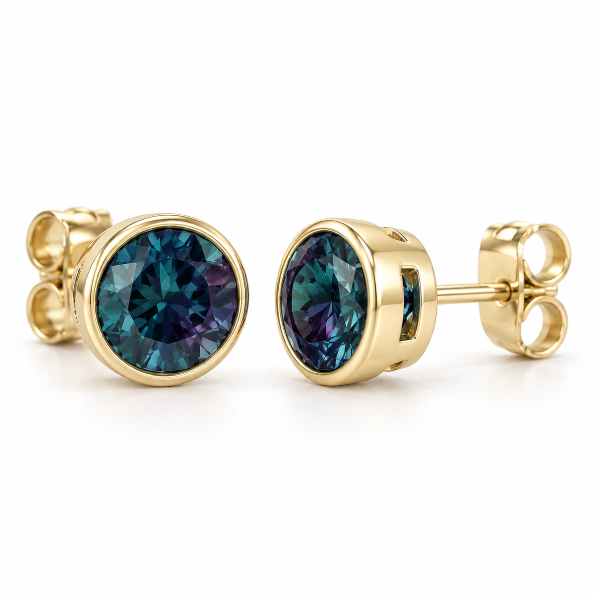 14K Yellow Gold Lab-Grown Alexandrite Bezel Stud Earrings — 6 mm stones — enhanced studio view