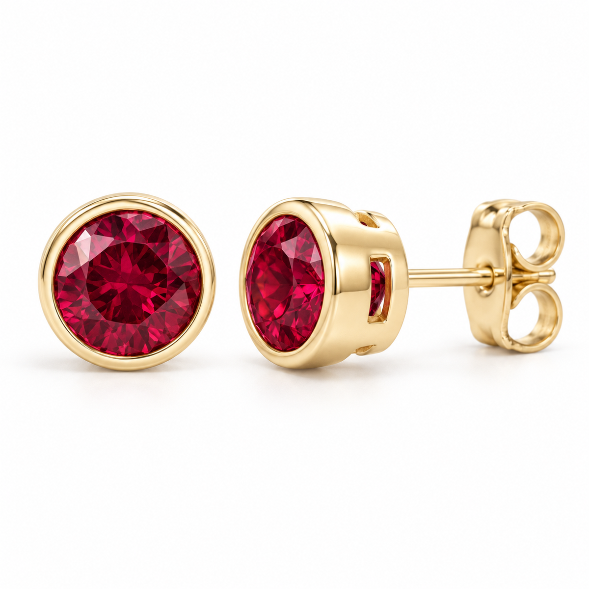 14K Yellow Gold Lab-Grown Ruby Bezel Stud Earrings — 6 mm stones — enhanced studio view