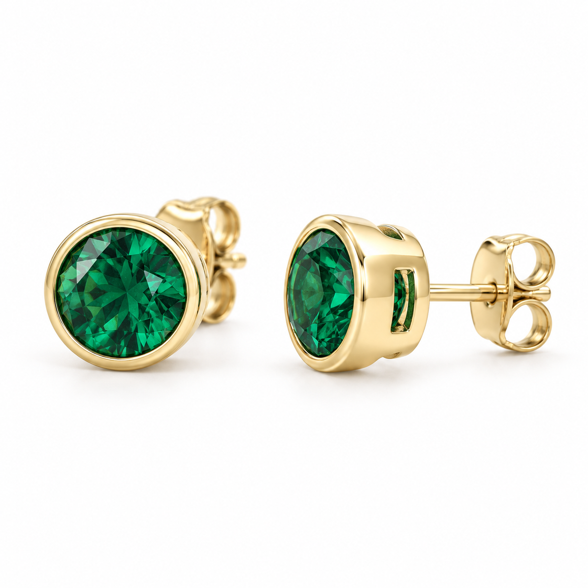 14K Yellow Gold Lab-Grown Emerald Bezel Stud Earrings — 6 mm stones — enhanced studio view