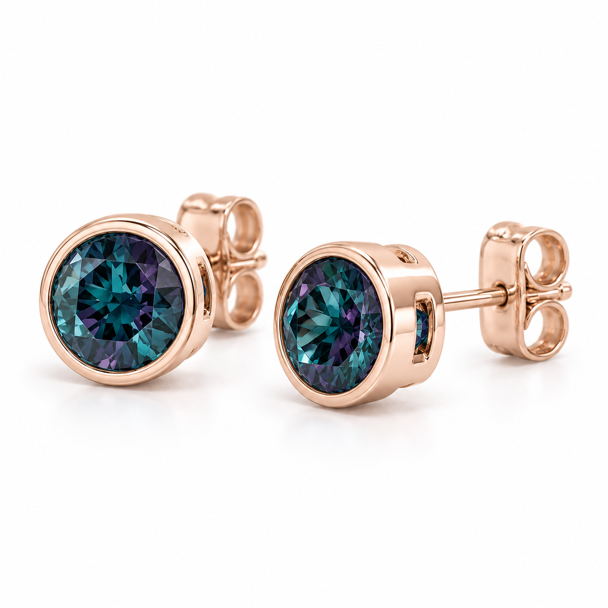 14K Rose Gold Lab-Grown Alexandrite Bezel Stud Earrings — 6 mm stones — enhanced studio view