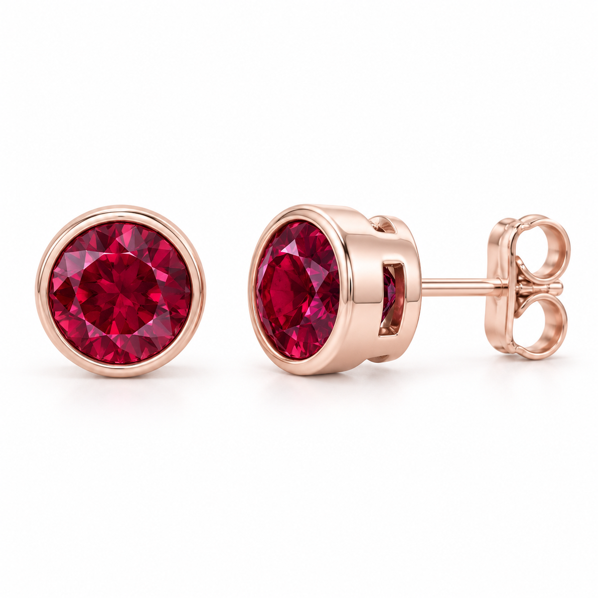 14K Rose Gold Lab-Grown Ruby Bezel Stud Earrings — 6 mm stones — enhanced studio view