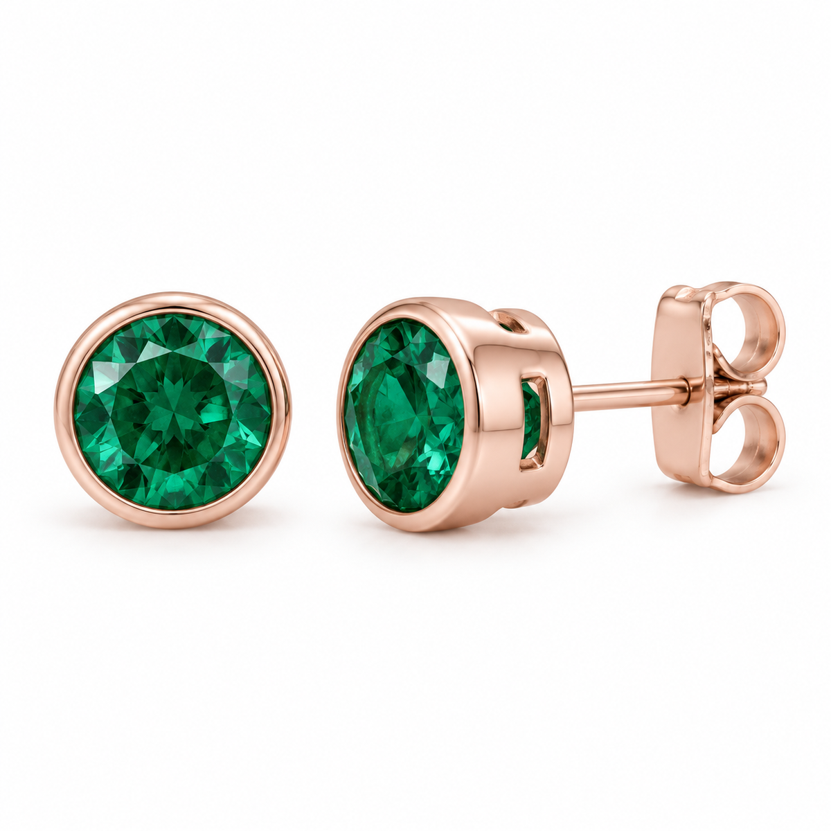 14K Rose Gold Lab-Grown Emerald Bezel Stud Earrings — 6 mm stones — enhanced studio view