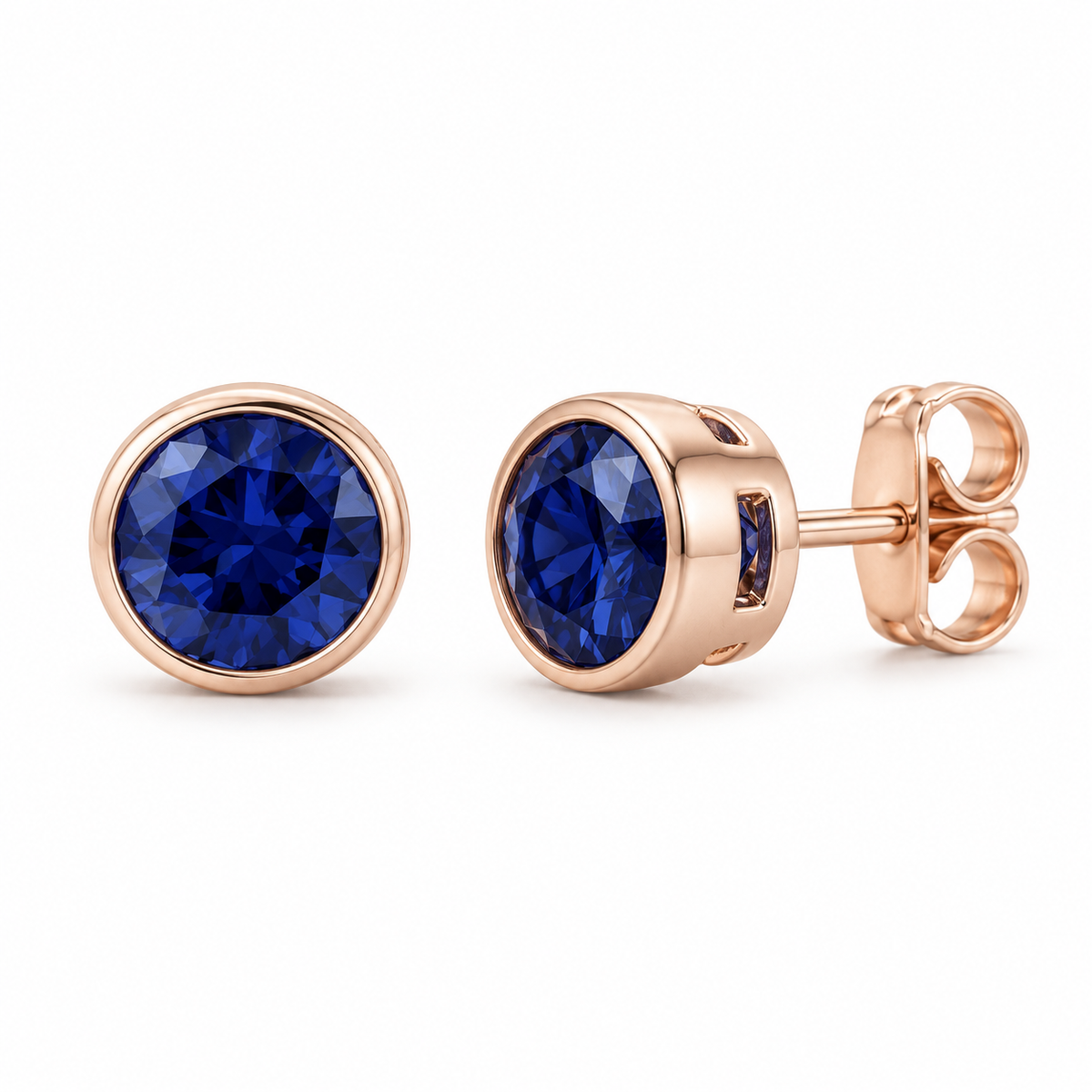14K Rose Gold Lab-Grown Blue Sapphire Bezel Stud Earrings — 6 mm stones — enhanced studio view