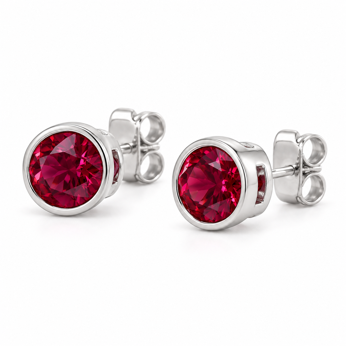 14K White Gold Lab-Grown Ruby Bezel Stud Earrings — 5 mm stones — enhanced studio view
