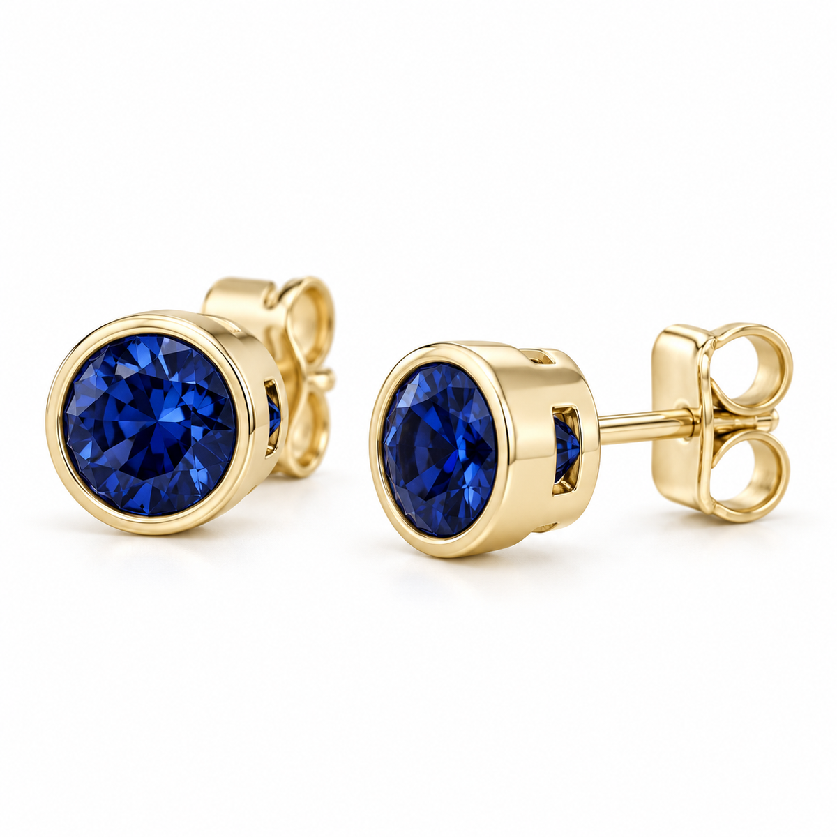 14K Yellow Gold Lab-Grown Blue Sapphire Bezel Stud Earrings — 5 mm stones — enhanced studio view