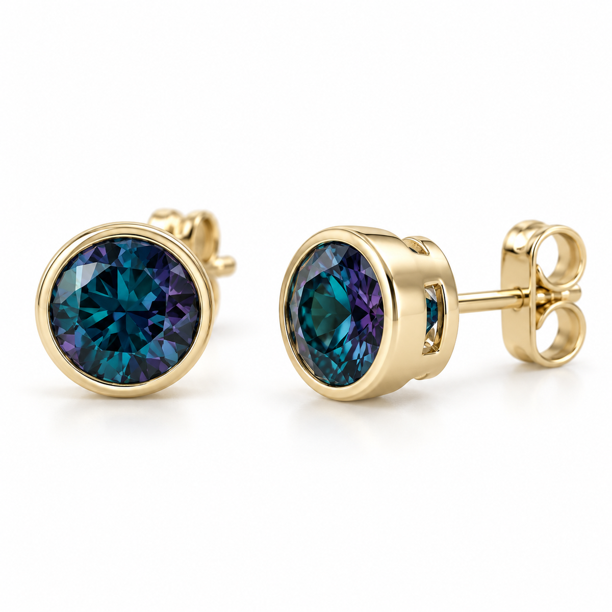 14K Yellow Gold Lab-Grown Alexandrite Bezel Stud Earrings — 5 mm stones — enhanced studio view
