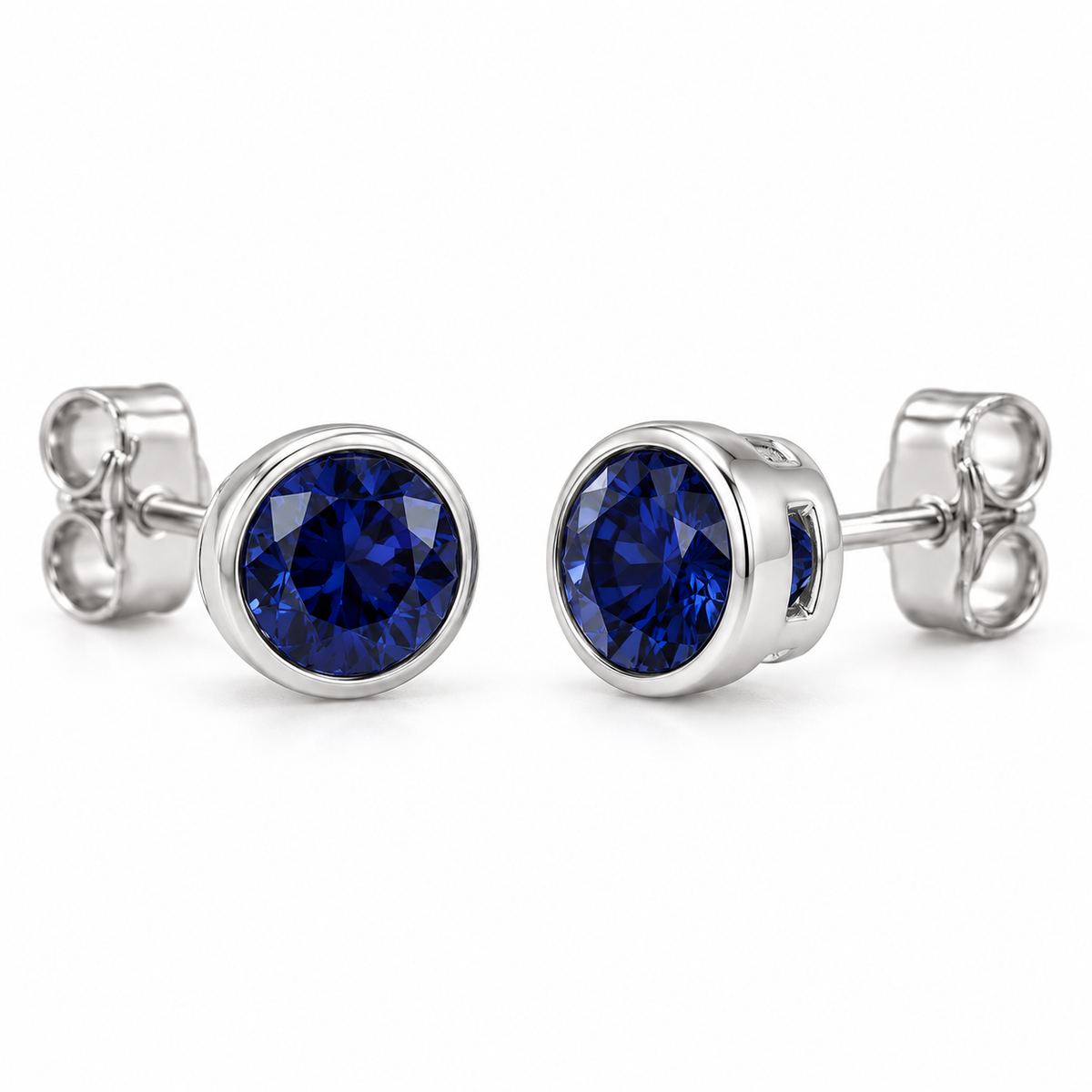 14K White Gold Lab-Grown Blue Sapphire Bezel Stud Earrings — 5 mm stones — enhanced studio view
