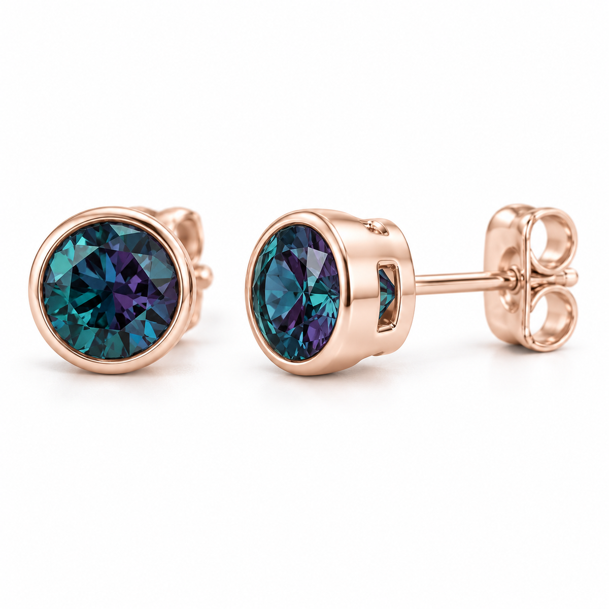 14K Rose Gold Lab-Grown Alexandrite Bezel Stud Earrings — 5 mm stones — enhanced studio view