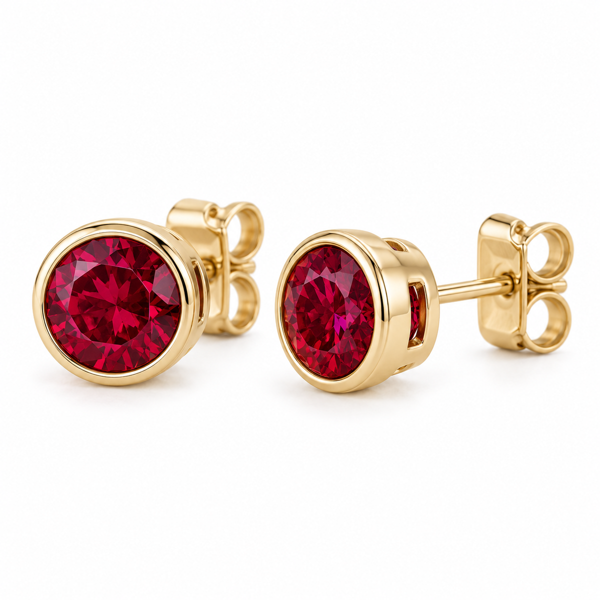 14K Yellow Gold Lab-Grown Ruby Bezel Stud Earrings — 5 mm stones — enhanced studio view