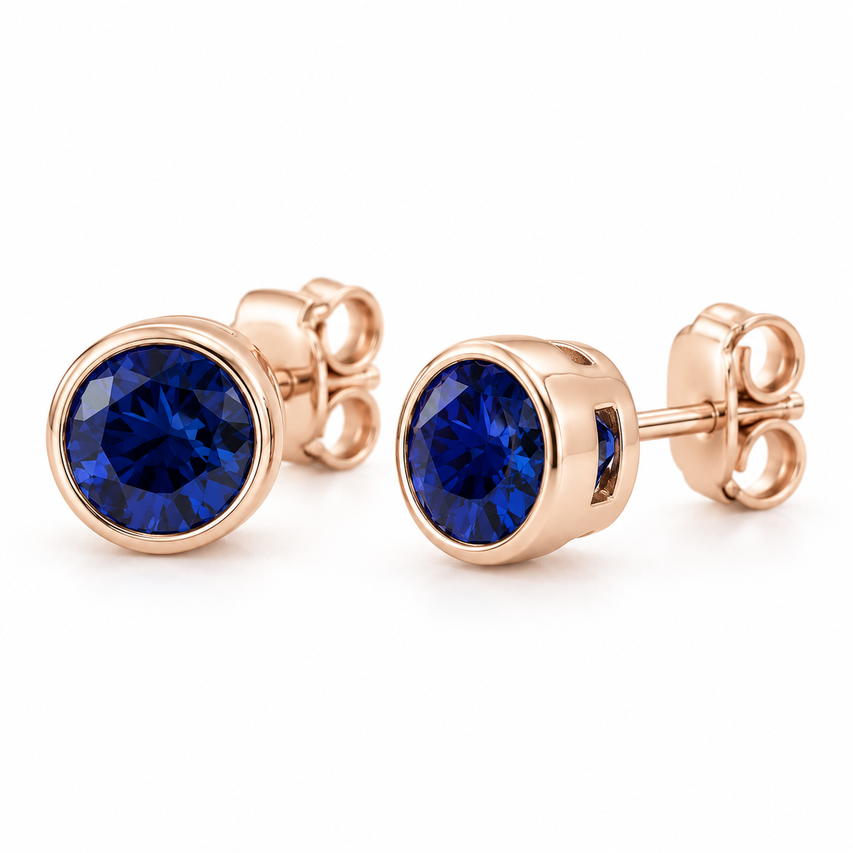 14K Rose Gold Lab-Grown Blue Sapphire Bezel Stud Earrings — 5 mm stones — enhanced studio view