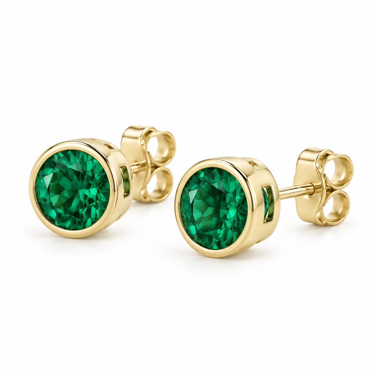 14K Yellow Gold Lab-Grown Emerald Bezel Stud Earrings — 5 mm stones — enhanced studio view