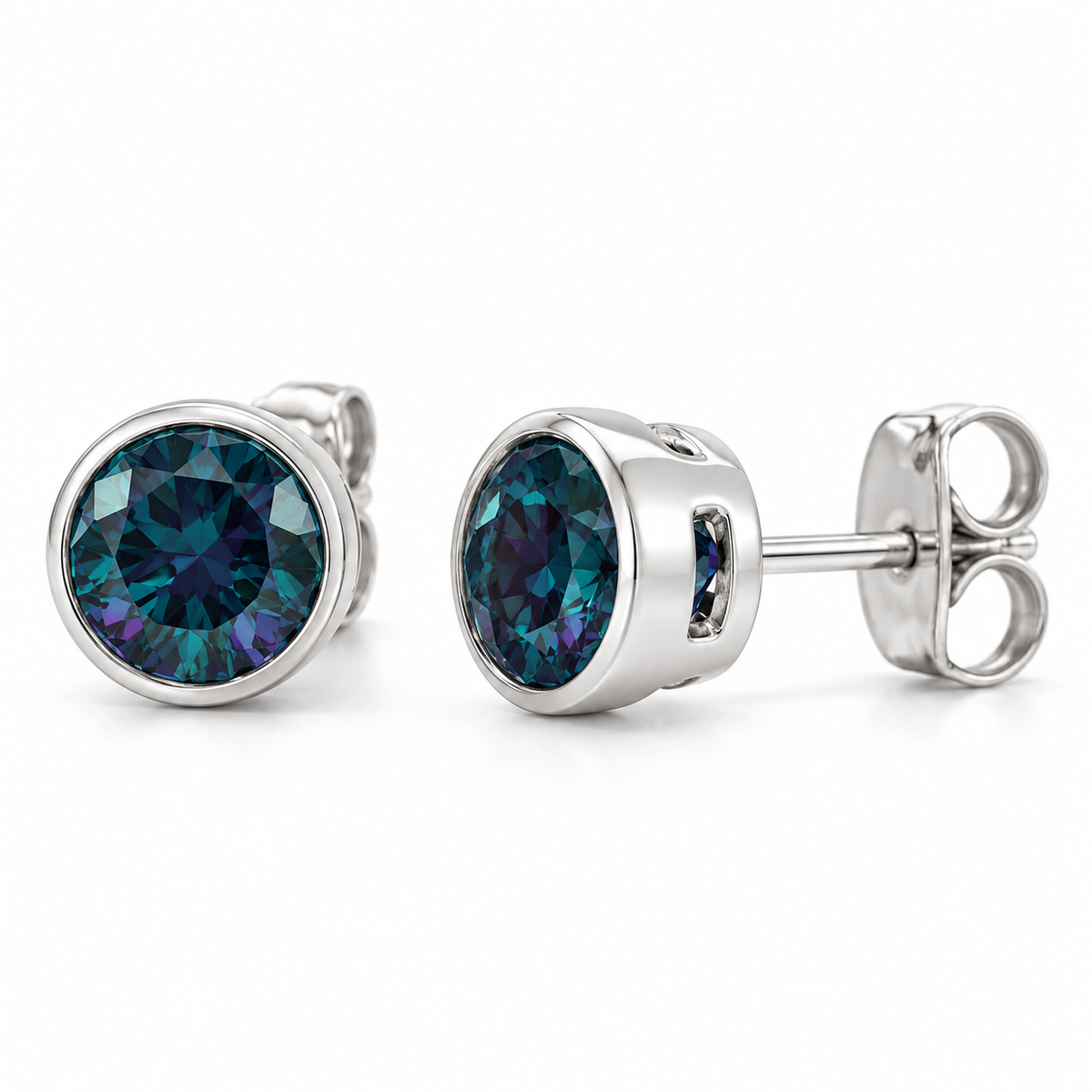 14K White Gold Lab-Grown Alexandrite Bezel Stud Earrings — 5 mm stones — enhanced studio view