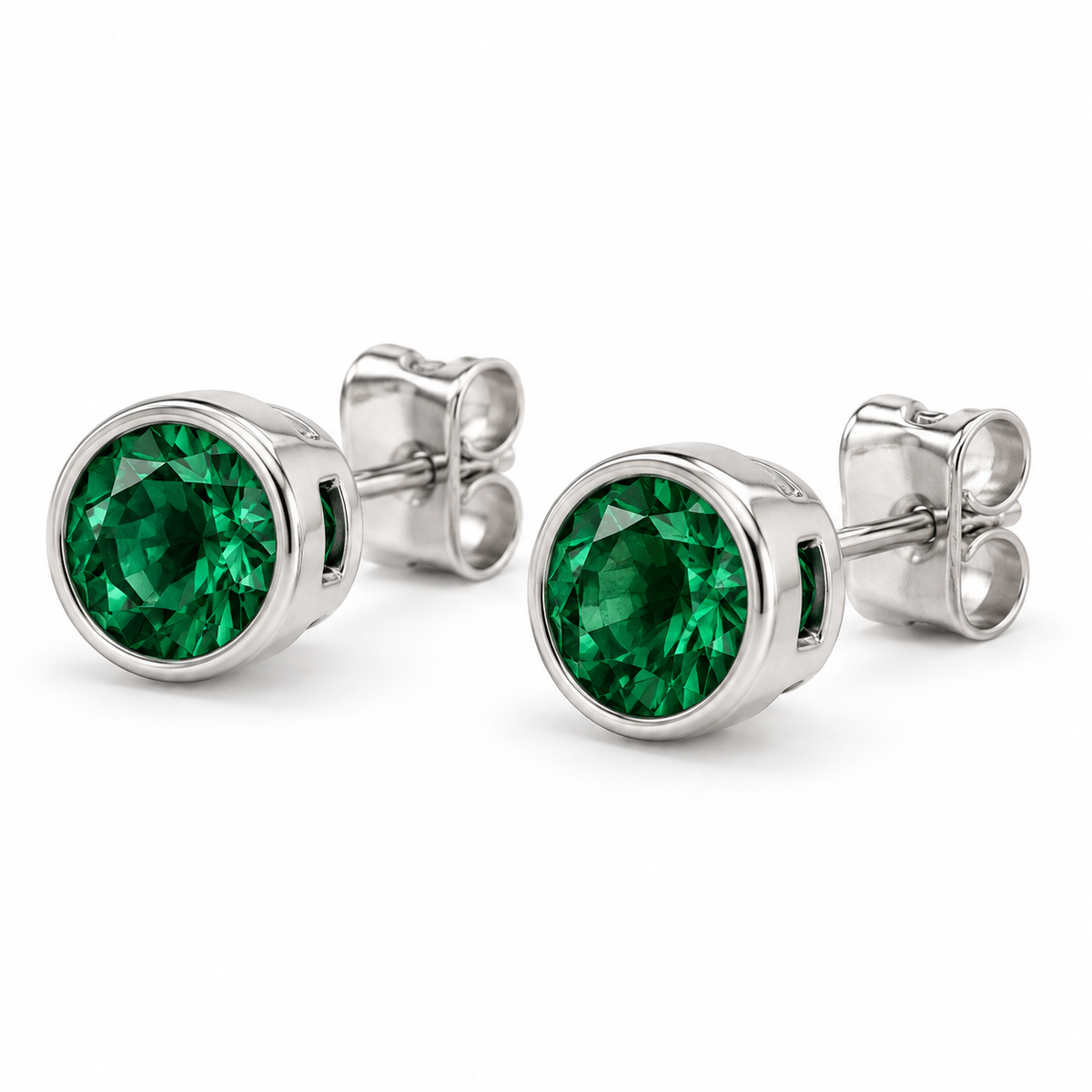 14K White Gold Lab-Grown Emerald Bezel Stud Earrings — 5 mm stones — enhanced studio view