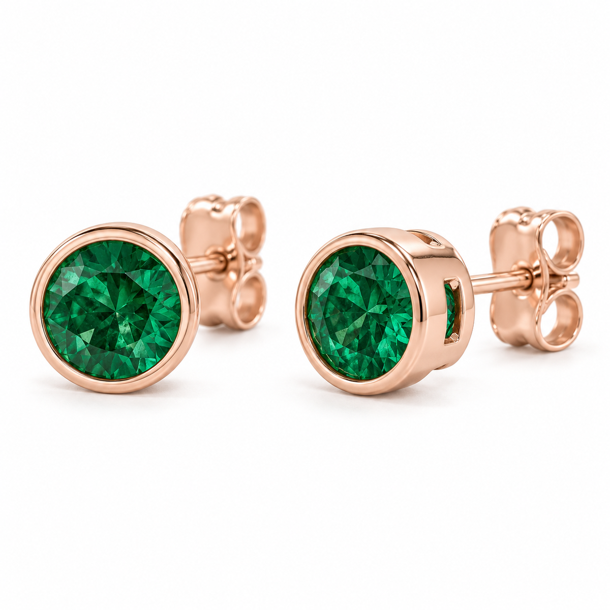14K Rose Gold Lab-Grown Emerald Bezel Stud Earrings — 5 mm stones — enhanced studio view
