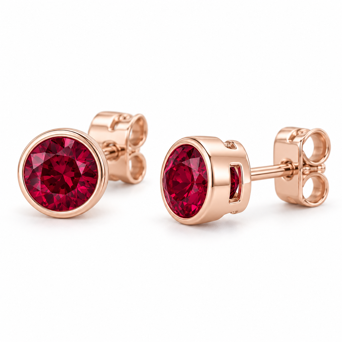 14K Rose Gold Lab-Grown Ruby Bezel Stud Earrings — 5 mm stones — enhanced studio view