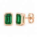 14K Rose Gold Lab-Grown Emerald Emerald-Cut Bezel Stud Earrings — 6 × 4 mm stones — enhanced studio view
