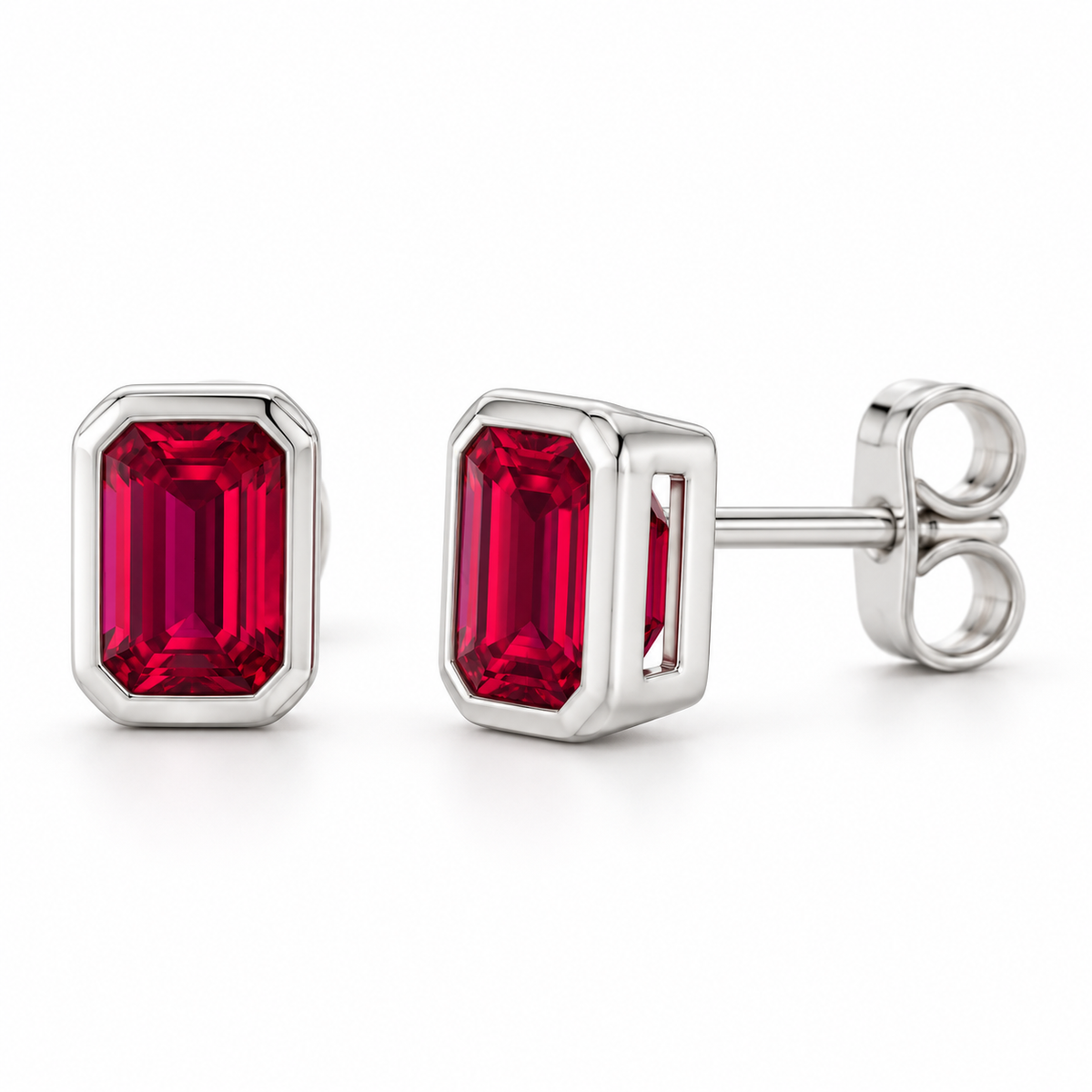 14K White Gold Lab-Grown Ruby Emerald-Cut Bezel Stud Earrings — 5 × 3 mm stones — enhanced studio view