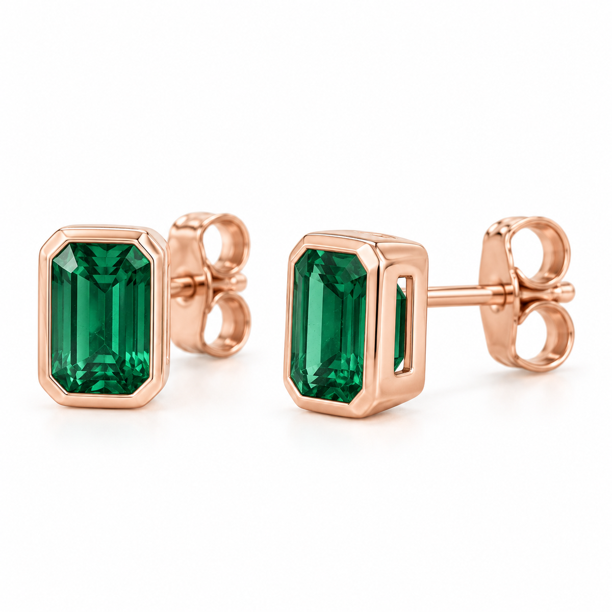 14K Rose Gold Lab-Grown Emerald Emerald-Cut Bezel Stud Earrings — 5 × 3 mm stones — enhanced studio view